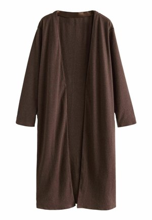 Braune offene Strickjacke mitweiten Ärmeln, aus weichem Material. Bietet eine lockere Passform und eine glatte Textur, ideal zum Schichten.