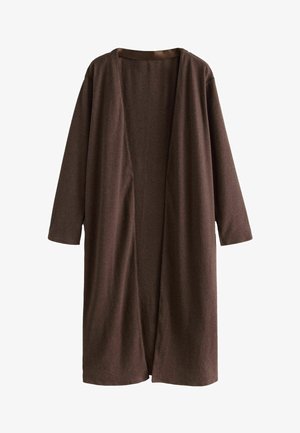 Braune offene Strickjacke mitweiten Ärmeln, aus weichem Material. Bietet eine lockere Passform und eine glatte Textur, ideal zum Schichten.