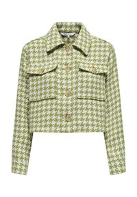 Veste courte en motif pied-de-poule vert et blanc, avec un devant à boutons, deux poches poitrine et un col classique.
