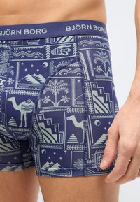 Κοντινό πλάνο στο κάτω μέρος της κοιλιάς ενός ατόμου που φοράει μπλε μποξεράκια με σχέδια, όπως καμήλες, φοίνικες και γεωμετρικά σχήματα, με την ετικέτα μέσης "BJÖRN BORG".