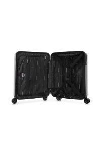 Valise rigide noire avec un extérieur texturé. L'intérieur présente un revêtement noir, des poches zippées et des sangles croisées pour un rangement sécurisé.