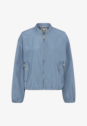 Hellblaues Bomberjacke mit Frontreißverschluss, seitlichen Reißverschluss- und Druckknopftaschen, elastischen Bündchen und kurzem Kragen.