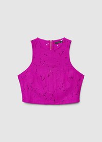Fuchsia crop top with a floral lace design, round neckline, and a concealed back zipper. Textured fabric with cut-out patterns.