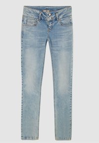 Jeans de mezclilla azul claro con corte recto, diseño de cinco bolsillos y costuras en contraste. Presentan un cierre de botón y una cintura de altura media.