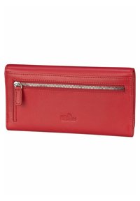 Red, textured leather wallet with a zippered pocket. Features RFID protection. Compact rectangular design with subtle branding on the exterior.