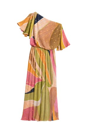 Robe maxi asymétrique avec motif abstrait multicolore, tissu plissé, taille élastique et manche à volants.