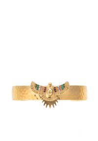 Gold bracelet with a hammered finish, featuring a central eagle design adorned with colorful gemstones and detail accents.
