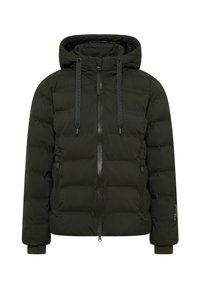 Giacca imbottita verde scuro con cappuccio, chiusura zip frontale e polsini elasticizzati. Caratterizzata da cappi regolabili e tasche laterali. Texture liscia.