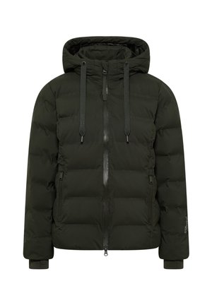 Chaqueta acolchada de color verde oscuro con capucha, cierre de cremallera frontal y puños elásticos. Cuenta con cordones ajustables y bolsillos laterales. Textura suave.