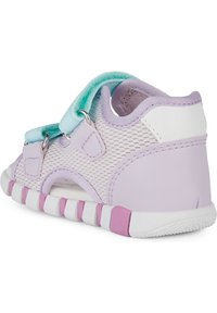 Zapato infantil con parte superior de malla morada, acentos blancos y una cinta de velcro. Cuenta con una suela de goma texturizada con franjas rosas para un mejor agarre.