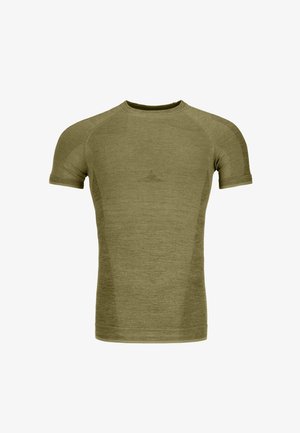 Short-sleeve athletic t-shirt in olive green, made of a textured material featuring reinforced seams and a crew neck design.
