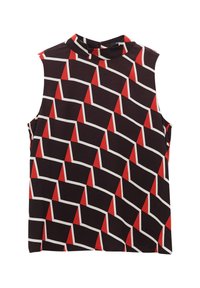 Mouwloze top in het zwart, met een geometrisch patroon van witte en rode vormen. Hoge halslijn en een gladde stoftextuur.