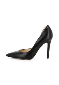 Escarpin noir en cuir avec un bout pointu, des côtés ouverts et un design épuré. Le talon mesure environ 10 cm.