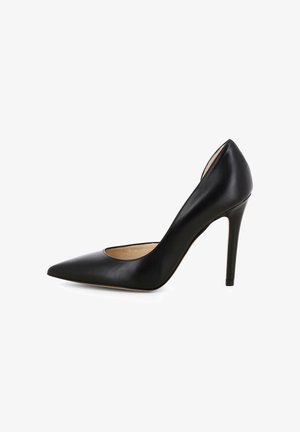 Pantofole nere in pelle con tacco alto, punta affusolata, lati aperti e design elegante. Il tacco è alto circa 10 centimetri.