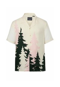 Korte mouw button-up shirt in crème met groene en roze boompatronen. Gemaakt van lichtgewicht stof met een losse pasvorm en kraagontwerp.