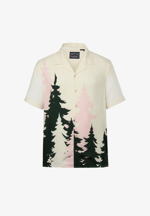 Koszula na krótki rękaw w kolorze kremowym, z zielonymi i różowymi wzorami drzew. Wykonana z lekkiej tkaniny, o luźnym kroju i klasycznym kołnierzyku.