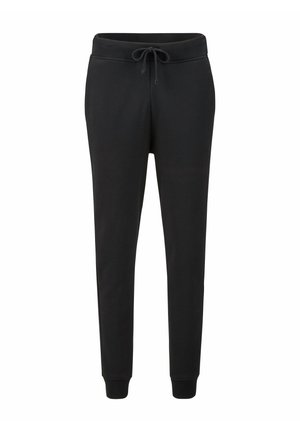 Schwarze Sweatpants aus weichem Material, mit einem Kordelzugbund, enganliegenden Bündchen und einer glatten Textur ohne sichtbare Muster.