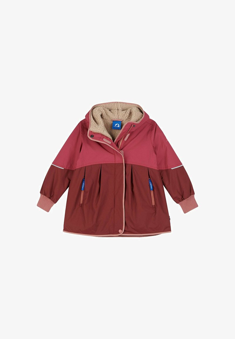 Giacca rossa e bordeaux con un morbido rivestimento in pile beige, cappuccio, polsini elasticizzati e due tasche frontali con zip blu.
