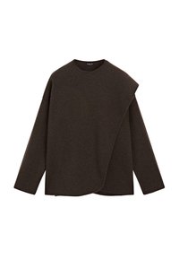 Dunkelbrauner Langarmpullover mit Rundhalsausschnitt und asymmetrischem, überlappendem Frontdesign.