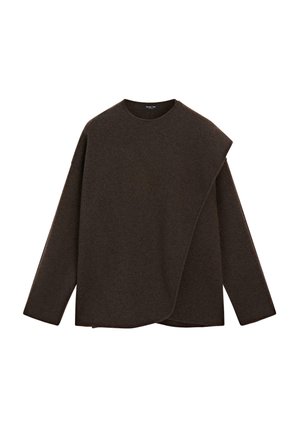 Maglione lungo marrone scuro a maniche lunghe con collo rotondo e design della parte anteriore sovrapposta asimmetrica.