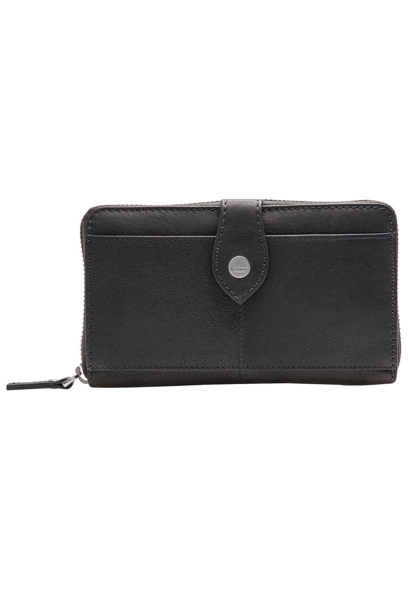 Black leather wallet with a zip closure, featuring a front snap button, smooth texture, and minimal stitching details.
