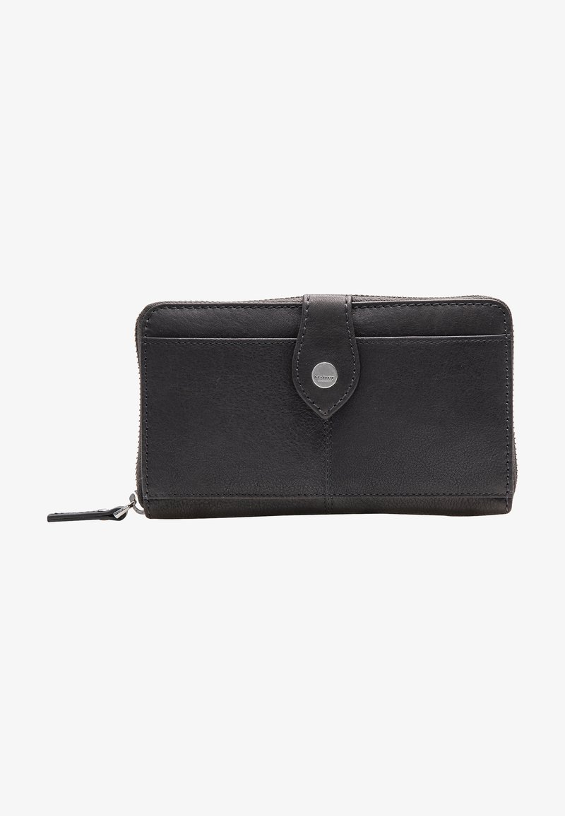 Portefeuille en cuir noir avec fermeture éclair, doté d'un bouton pression à l'avant, d'une texture lisse et de détails de couture minimalistes.