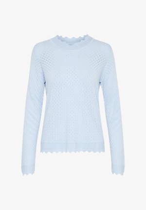 Svetlo modrý pletený sveter s textúrovaným dizajnom, volánovým výstrihom a manžetami, ktorý má dlhé rukávy a uvoľnený strih.