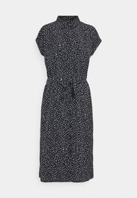 Abito corto navy a maniche corte con chiusura a bottoni, cintura con fiocco e motivo maculato in bianco e blu. Tessuto morbido con vestibilità comoda.
