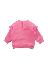 Sweatshirt rose pour tout-petit à manches longues avec des détails à volants sur les épaules et des boutons-pression au niveau de l'encolure arrière, poignets et ourlet côtelés.