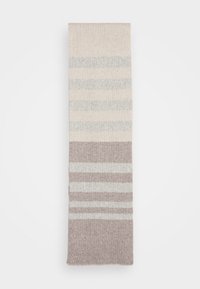 Écharpe tricotée avec des rayures en beige clair et gris, avec une texture côtelée. Le design comprend des sections alternées unies et rayées.