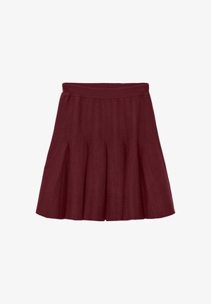 Bordowa spódnica plisowana z szerokim elastycznym pasem, wykonana z miękkiego materiału, o gładkiej fakturze i zwiewnym kroju.