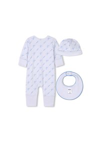 Un body blanc pour bébé avec des motifs bleu clair, un bonnet assorti et un bavoir. Matière en coton doux, manches longues et poignets pour un confort supplémentaire.