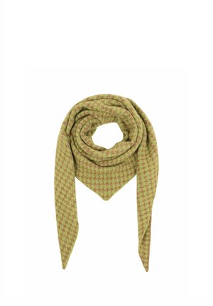 Green and pink houndstooth patterned triangular scarf folded with pointed ends hanging down.