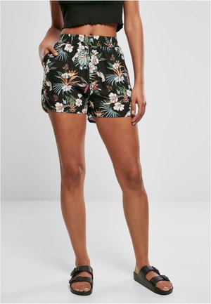 Shorts noirs à fleurs fabriqués en tissu léger, présentant des motifs de fleurs tropicales, une taille élastique et des poches latérales.