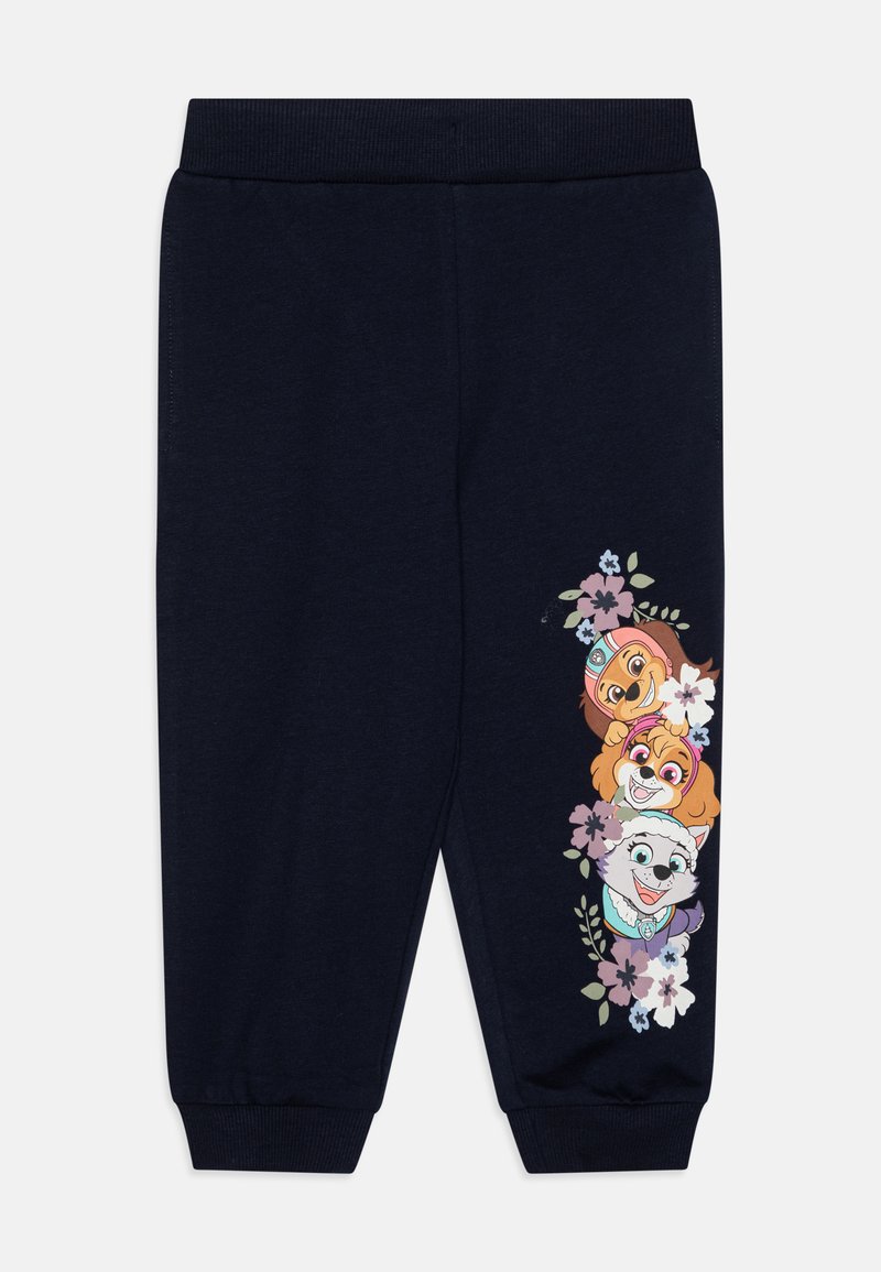 Navy sweatpants with a ribbed waistband and cuffs, featuring a vertical print of cartoon animals surrounded by flowers on one leg.