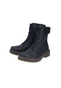 Schwarze Leder-Stiefeletten mit Schnürdesign, flauschigem Kragen und strukturiertem Gummisohlen. Mit Metallösen und Nähakzenten.