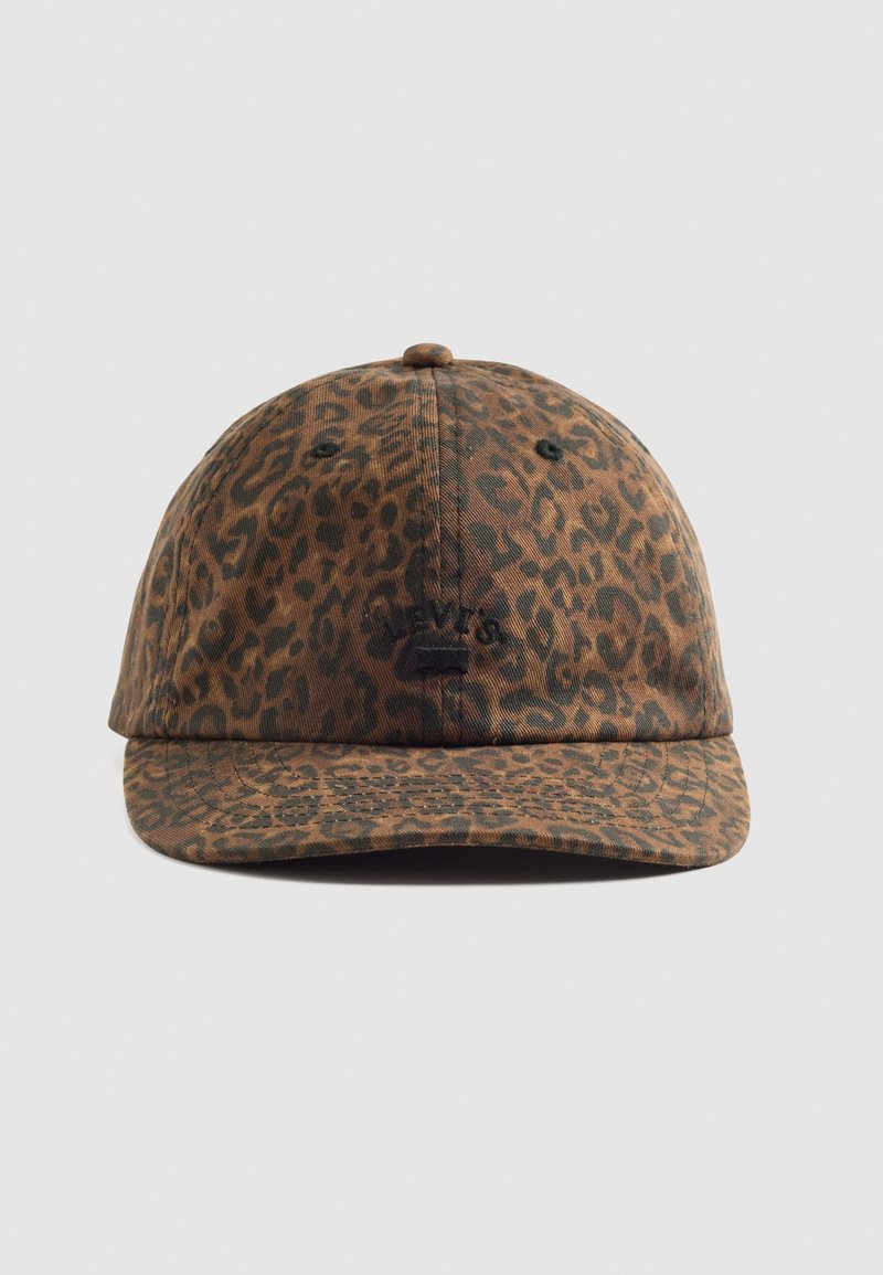 Brown baseball cap with dark leopard print pattern and subtle black embroidered logo on front, set against a plain light background.