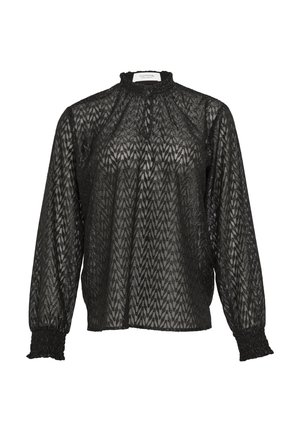 Schwarze Bluse mit langen Ärmeln und hochgeschlossenem Kragen, aus einem transparenten, strukturierten Stoff mit gesmokten Manschetten. Dezentes Zickzack-Muster im gesamten Design.