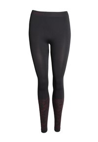 Svarta leggings med en slät yta, med en röd mönstrad accentering vid fållen. Midjebandet har en röd logotyp med varumärkesnamnet.