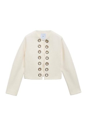 Cream-colored cropped jacket featuring a textured finish, round silver hardware buttons, and a mock collar design with long sleeves.