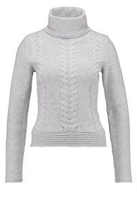 Light gray knitted turtleneck sweater with cable patterns down front and sides, long sleeves, and ribbed hem.