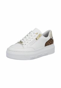 White sneaker with platform sole, gold zipper and eyelets, leopard print panel at heel, and white laces.