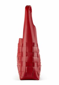 Red leather bag with a woven texture, featuring a smooth, structured shape and a single top handle for carrying.