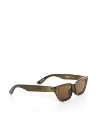 Lunettes de soleil teintées brun avec une monture en plastique translucide olive. Forme angulaire de style œil de chat avec des branches subtilement courbées et un détail logo sur la tempe.