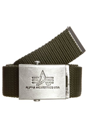 Olive green woven nylon belt with a silver metal buckle. Buckle features an embossed logo and three horizontal lines, offering a robust design.