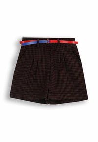 Brązowe szorty w kratę z zakładkami i czerwono-niebieskimi paskami. Wykonane z materiału o gładkiej teksturze. Posiadają kieszenie boczne.