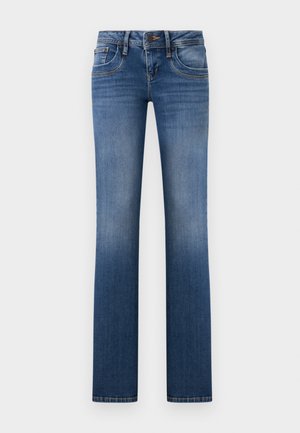 Jean denim bleu à jambes droites avec bouton à l'avant, fermeture à glissière et design à cinq poches, présentant un léger délavage sur les cuisses et les genoux.