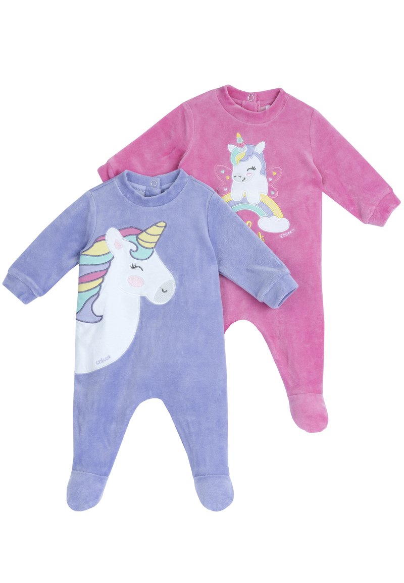 Deux bodies pour bébé, l'un violet avec un motif de licorne et des accents arc-en-ciel, l'autre rose avec une licorne de dessin animé, tous deux doux et veloutés.