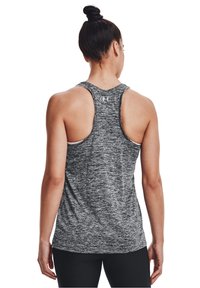 Szary melanżowy sportowy top na ramiączkach z wycięciem na plecach typu racerback. Posiada logo na górnej części pleców oraz gładki, lekki materiał.
