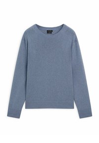 Blue knit sweater with long sleeves, round neckline, and ribbed cuffs and hem. Soft texture and mid-weight thickness. No visible patterns.